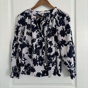 Marie Oliver Silk Floral Tie Neck Blouse Medium Blue